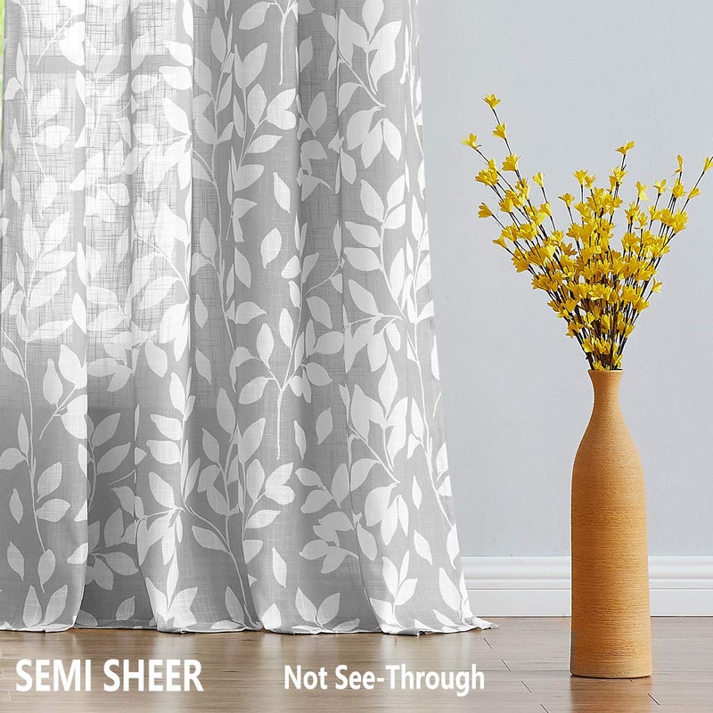 Treatmentex Grey Semi-Sheer Curtains for Bedroom 95" Long White Leaf Print Curtains for Living Room Grommet Top Window Panels, 1 Pair - Image 4